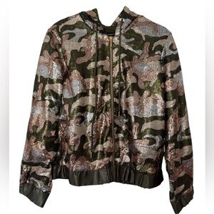 Ashley Stewart Women’s Sequin Camouflage Bomber Jacket with Hood Sz 18